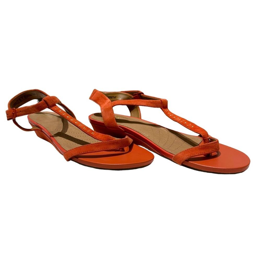 CLARKS ARTISAN Suede Parram Blanc low wedge sandal, size9.5 NWT, orange/coral - Picture 13 of 14